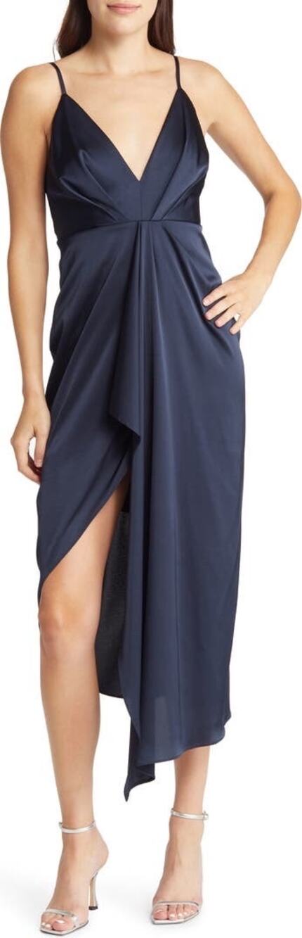 Lulus Satin Dress Women's XS Navy Blue V-Neck Front Split Strappy Midi NWT